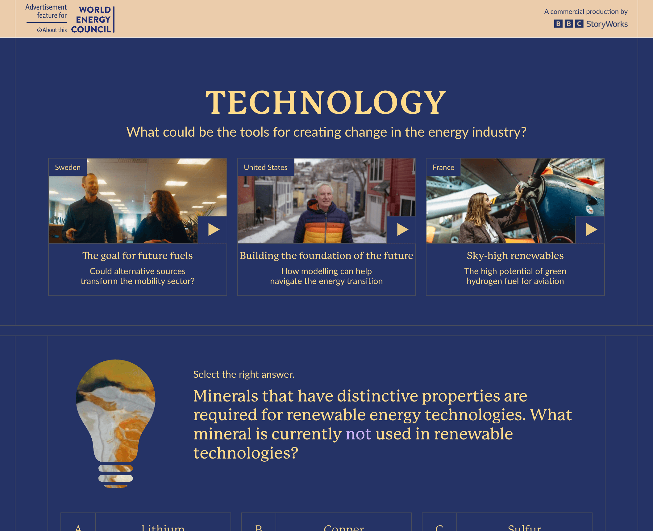 Interactive story layout featuring energy pioneers from around the world