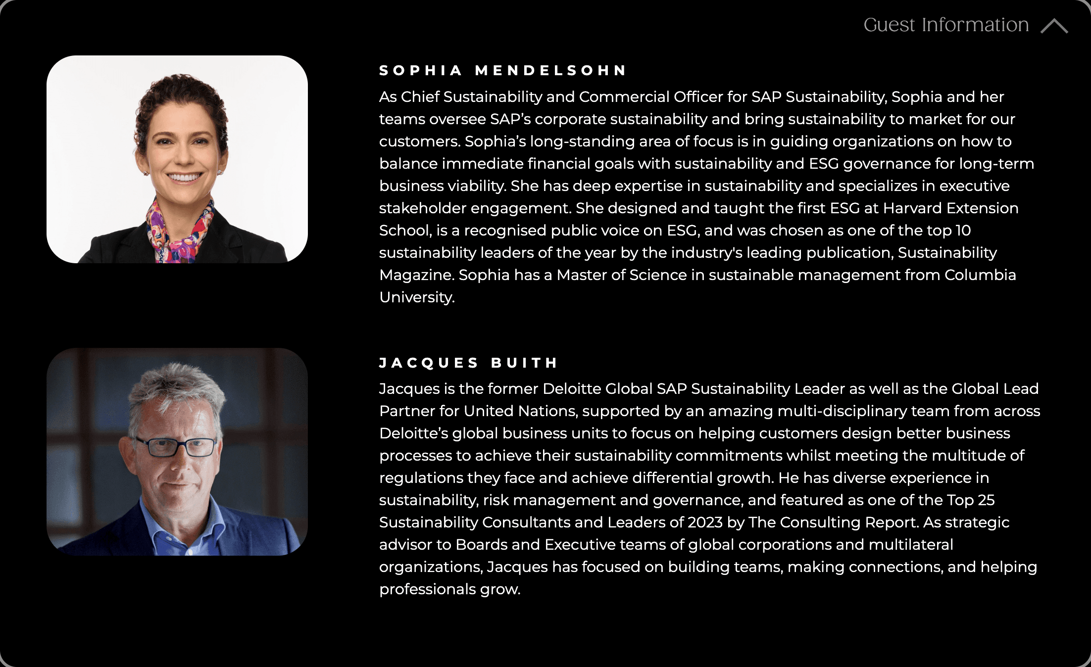 Guest profile section with industry leader biographies